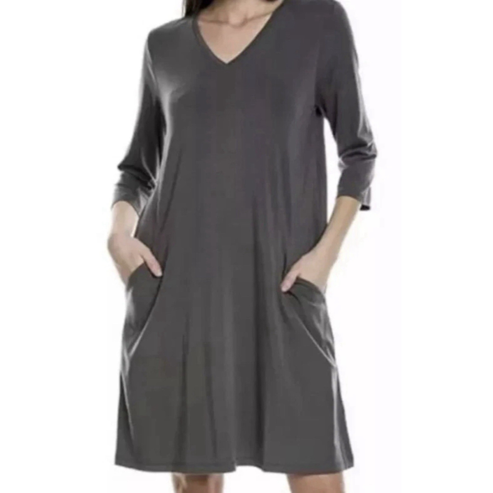 Eileen Fisher Jersey Knit A Line Dress MED Grey Pockets Minimalist Boho Beach